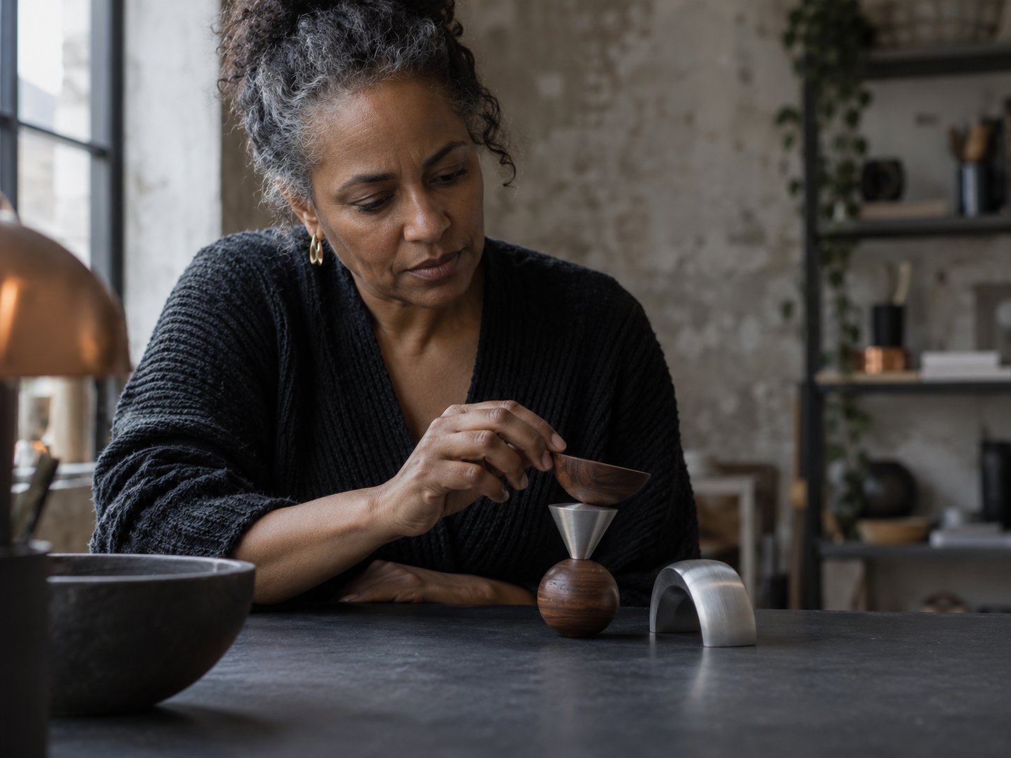 A participant testing balance and relationships between abstract wooden and metal forms