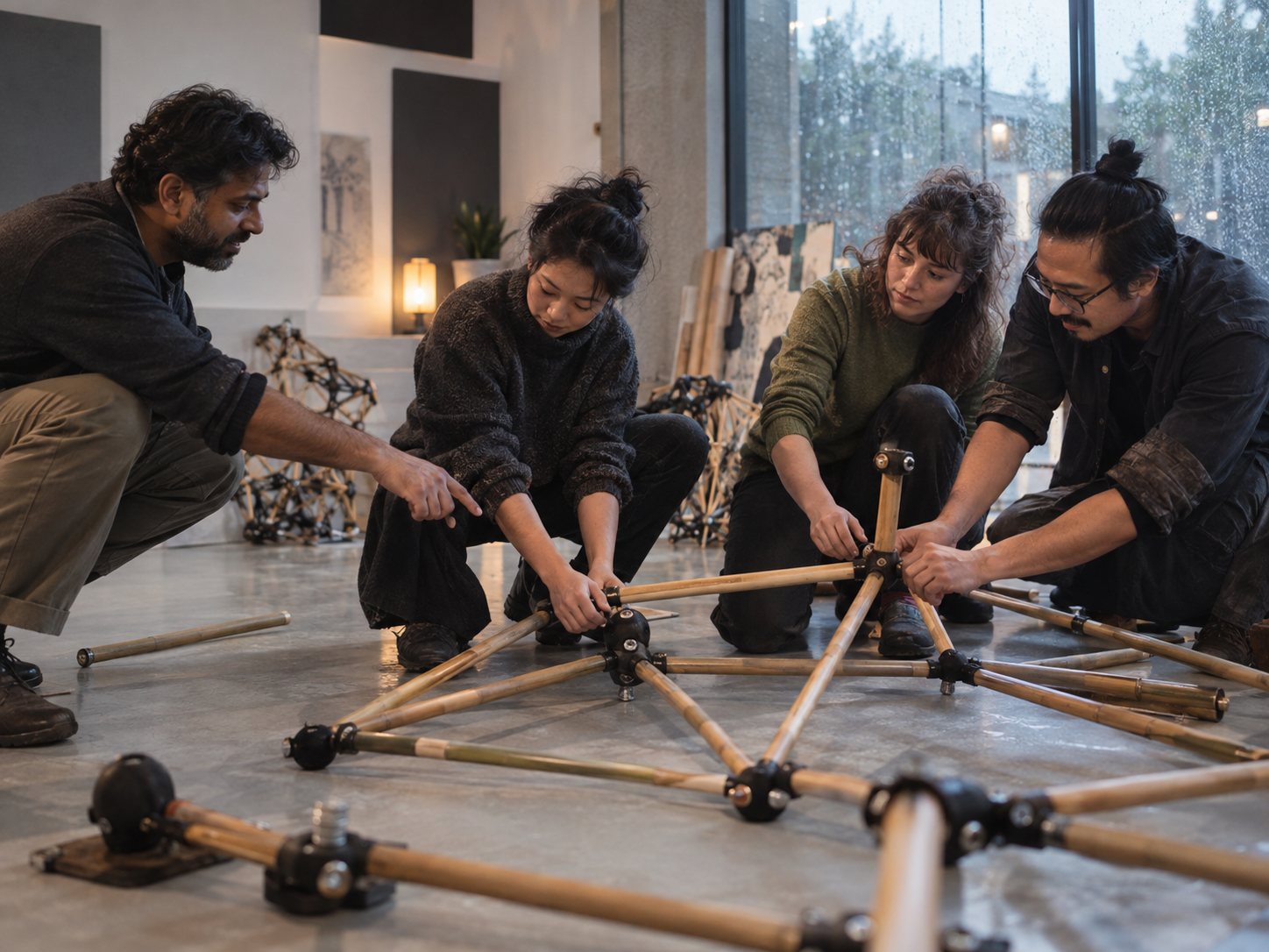 A facilitator guiding participants as they assemble a large modular bamboo structure