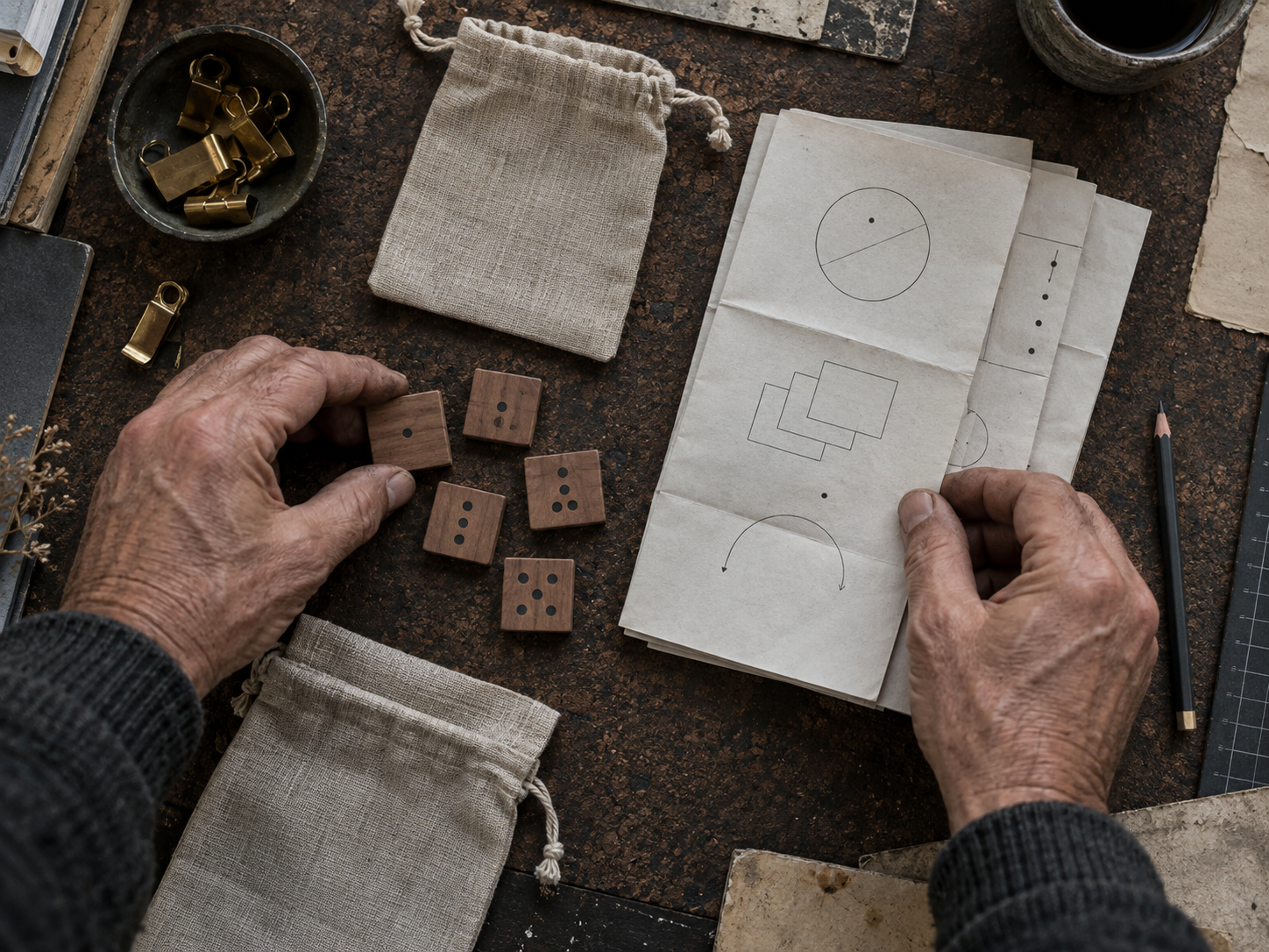 A facilitator preparing instruction sheets, wooden tiles, and activity materials