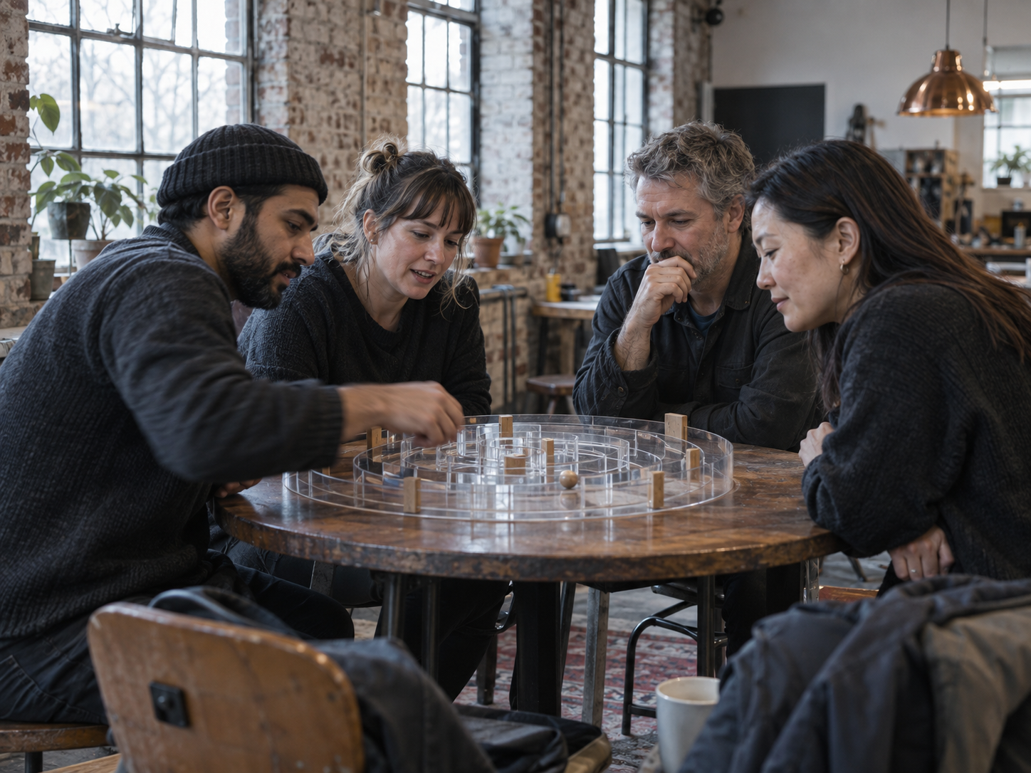 A mixed group working together on a transparent tabletop labyrinth