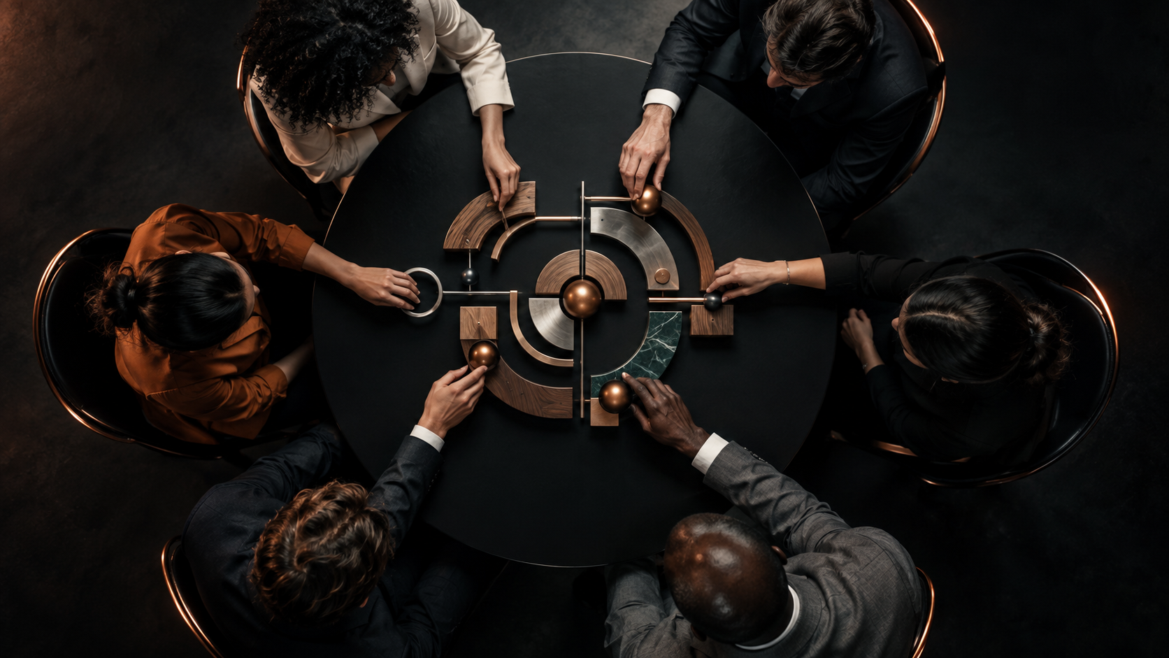 Participants working together around a circular table with an abstract logic mechanism