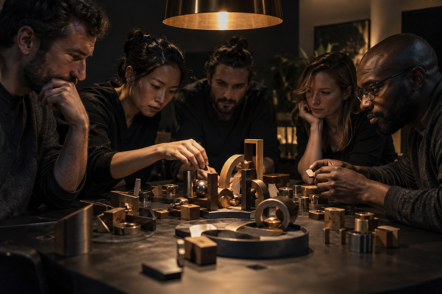 A focused group solving a tactile wooden and metal logic challenge