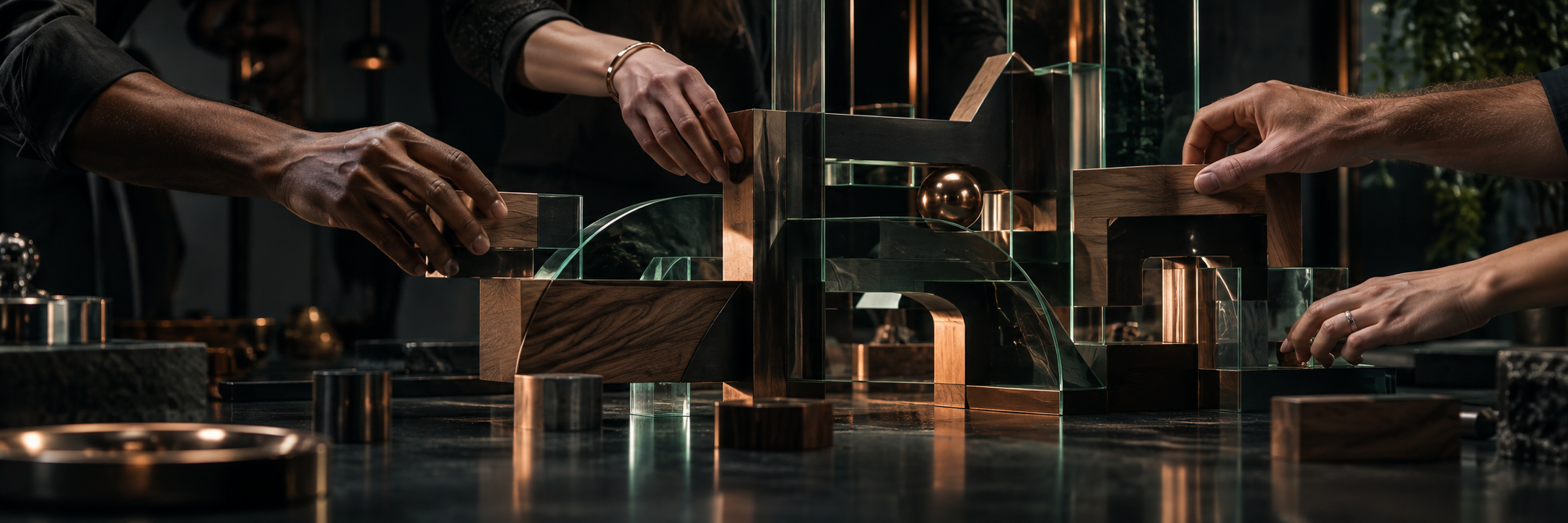Hands working together to assemble an abstract construction