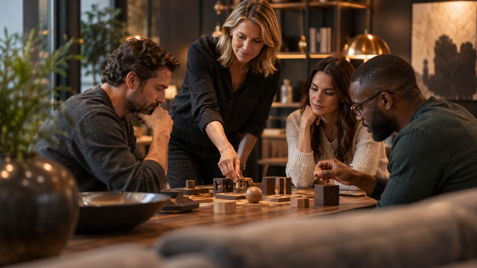 A small group participating in a guided tabletop logic activity